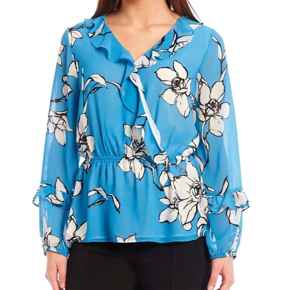 Calvin Klein Floral Print Chiffon Ruffle Trim V-Neck Long Sheer Sleeve Top, - Picture 9 of 11